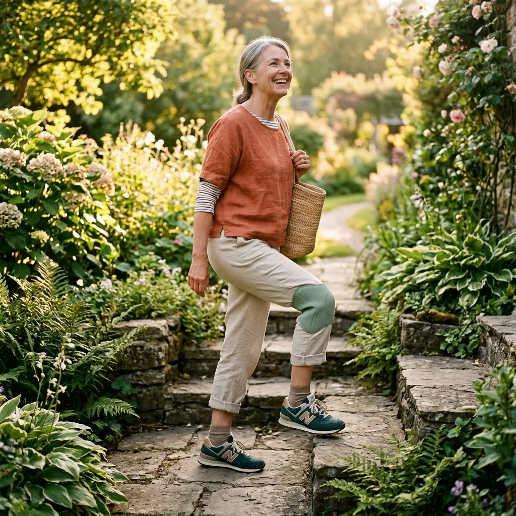 Walking comfortably up garden steps wearing the contoured Hewelth Herbal Knee Patch